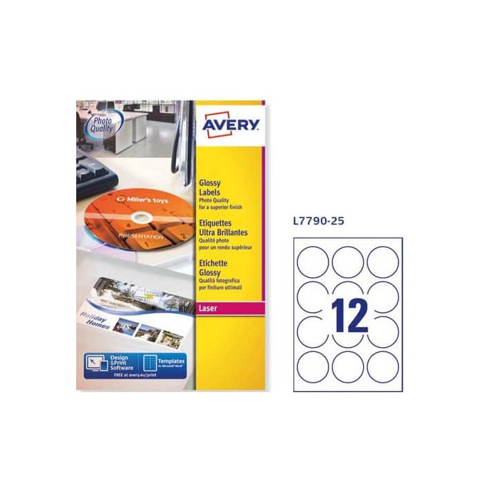 Etichette permanenti Avery Ø 60 mm bianco lucido Laser 12 et./foglio Conf. 25 fogli - L7790-25 main product photo