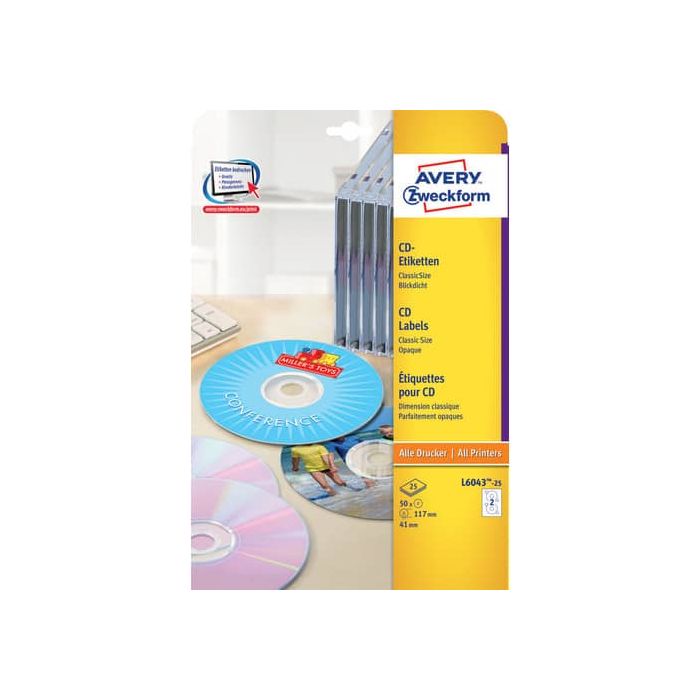 Etichette per CD AVERY foro largo bianche Ø117 mm 25 fogli - L6043-25 main product photo