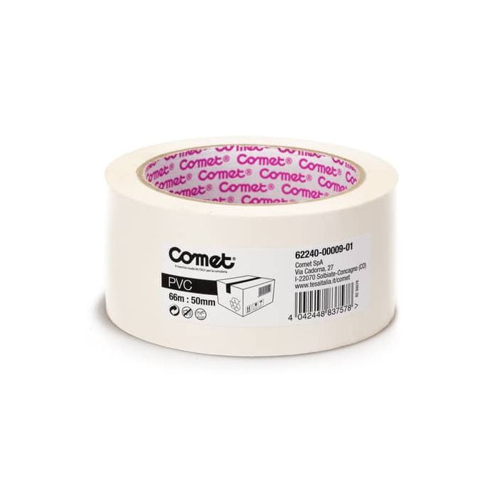 Nastri adesivi per la spedizione Comet in PVC con adesivo in gomma naturale 50 mm x 66 m bianco - 62240-00009-01 main product photo