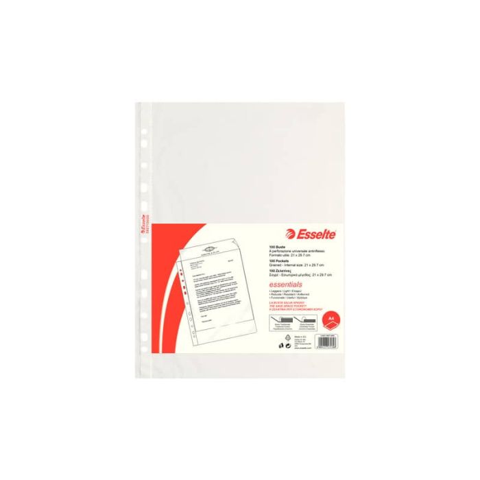 Buste a perforazione universale goffrate A4 Esselte ESSENTIALS PP antiriflesso trasparente A4 conf.100 - 392713000 main product photo