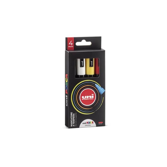 Marcatore a tempera con inchiostro pigmentato Uni Posca - punta tonda 2,5 mm assortiti - astuccio 4 pz - M PC5M 4P main product photo