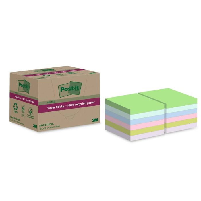 Foglietti riposizionabili Post-it®Super Sticky carta riciclata al 100% assortiti 76x76 mm - 12 blocchetti da 70 ff main product photo