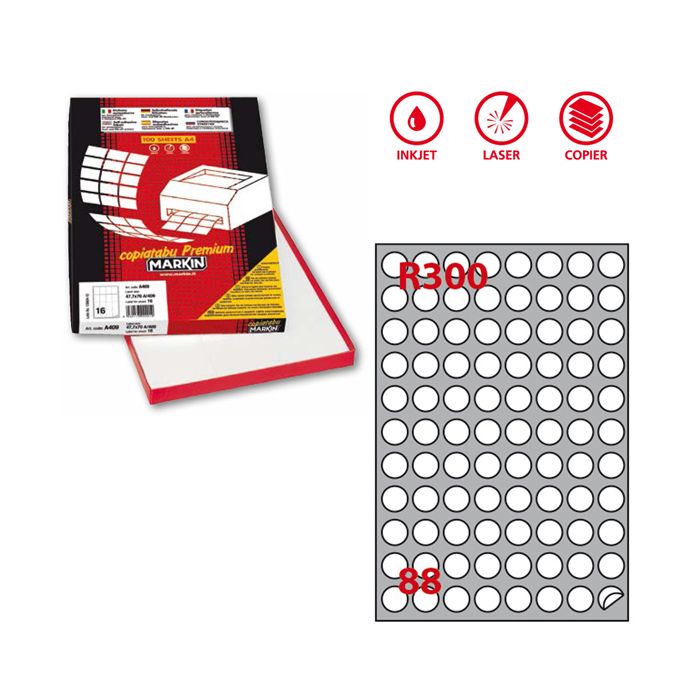 Etichetta adesiva R/300 bianca 100fg A4 tonda diam.20mm (88et/fg) Markin main product photo