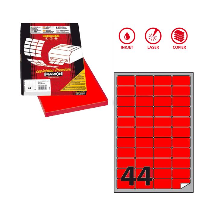 Etichetta adesiva A/406 rosso fluo 100fg A4 47,5x25,5mm (44et/fg) Markin main product photo