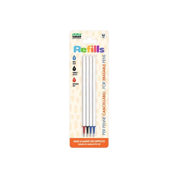 Conf. 12 blister da 4 refill inchiostro cancellabile Lebez blu, nero, rosso per penne 0,5 mm con cappuccio - 81808 main product photo