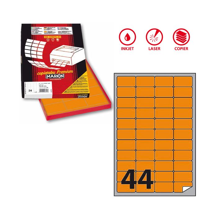 Etichetta adesiva A/406 arancio fluo 100fg A4 47,5x25,5mm (44et/fg) Markin main product photo