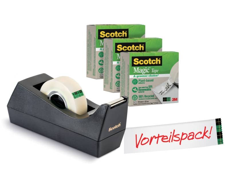 Dispenser per nastro adesivo Scotch™ C38, nero + Nastro adesivo invisibile  Scotch® Magic™, 19 mm x 33 m, 4 rotoli/confezione