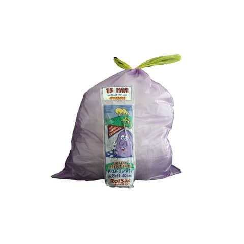 Sacchi Rolsac Quality profumati 55x65 cm spessore 18 my 44 l viola rotolo  da 15 pezzi - 10050 a soli 1.82 € su