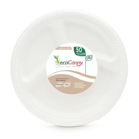 Piatti a 3 scomparti bio-compostabili ecoCanny Party bianco Ø261x28 mm  conf. 50 pz - ECO007CA a soli 11.7 € su