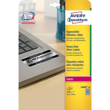 Etichette permanenti in poliestere Avery 25,4 x 10 mm argento Laser 189 et./foglio Conf. 20 fogli - L6008-20