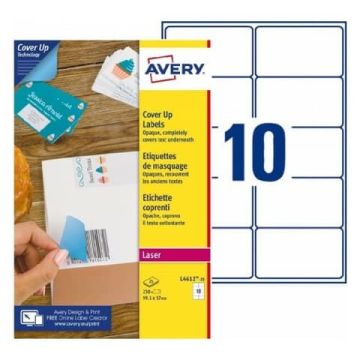Etichette bianche coprenti Avery BlockOUT™ 99,1x57 mm - 10 et/foglio - stampanti laser - conf. 25 ff - L4612-25