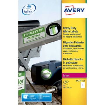 Etichette permanenti in poliestere Avery A4 - 210x297mm bianco Laser 20 et./foglio Conf. 20 fogli - L4775-20