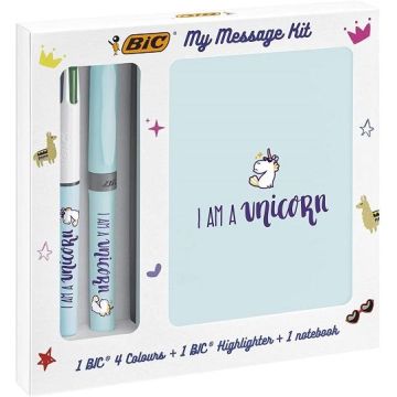 KIT Unicorn, 1 Penna a Sfera BIC 4Colori, 1 Evidenziatore Pastello Blu, 1 note book. BIC