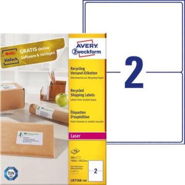 Etichette in carta riciclata bianca per buste e pacchi Avery 199,6x143,5 mm - 2 et/foglio - Laser cf. 100 ff LR7168-100