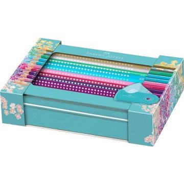 Faber-Castell - Set 20 Matite Colorate Sparkle, 1 Temperamatite Sleeve, Mini, scatola di latta
