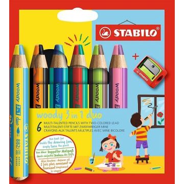 Matitoni colorati - STABILO woody 3 in 1 duo - Mina a 2 Colori - Astuccio da 6 - con Temperino - 6 Matitoni e 12 colori
