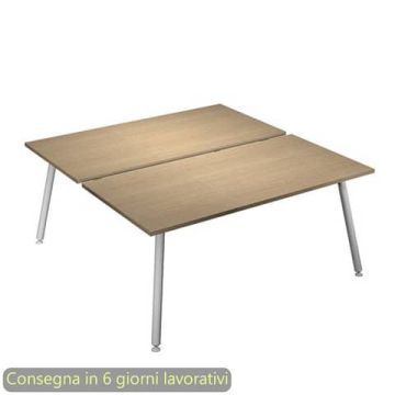 Scrivania bench doppia piano rovere 160x166xH.74,4 cm gamba metallo tubolare bianca Skinny Metal - 6403B-DJA-C-AN
