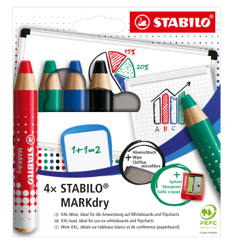 Astuccio da 4 matitoni Stabilo MARKdry mina XXL + panno e temperino assortiti 648/4