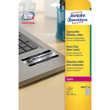 Etichette permanenti in poliestere Avery A4 - 210x297 mm argento Laser 1 et./foglio Conf. 20 fogli - L6013-20