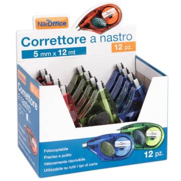 Espositore correttori a nastro Nikoffice 12 m x 5 mm - 12 pezzi - in colori assortiti - 22NIK030