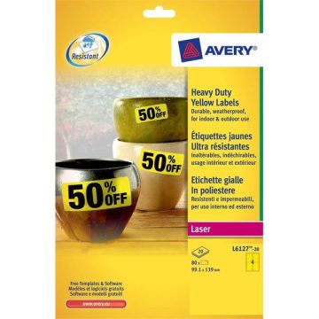 Etichette permanenti poliestere giallo Avery 99,1x139 mm - 4 et/foglio - per stampanti laser - cf. 20 fogli L6127-20