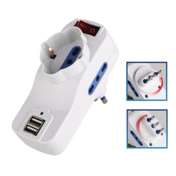MKC ADATTATORE ROTANTE 2 PRESE BIPASSO 2P+T 10/16 A+ 1 Schuko+2 PRESE USB MELCHIONI