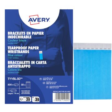 Braccialetti identificativi in Tyvek Avery resistenti all'acqua - conf. 500 pz - blu fluo - TYVBL-50