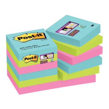 Foglietti riposizionabili Post-it Super Sticky Miami 47,6x47,6 mm assortiti conf. 12 blocc. da 90 ff - 622-12SS-MIA