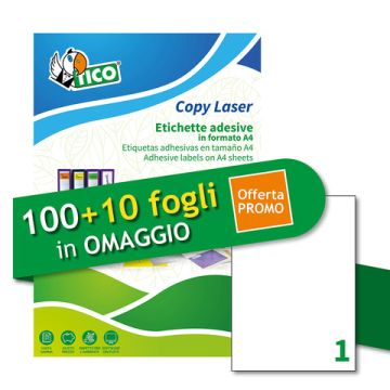 Etichette bianche adesive permanenti Tico laser/inkjet 1 et./foglio conf. 100+10 ff OMAGGIO 210x297 mm