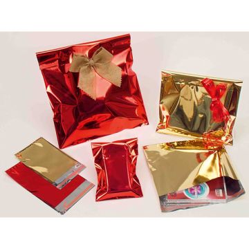 PNP 50 BUSTE REGALO IN PPL METAL LUCIDO 20x35+5cm ORO con patella adesiva