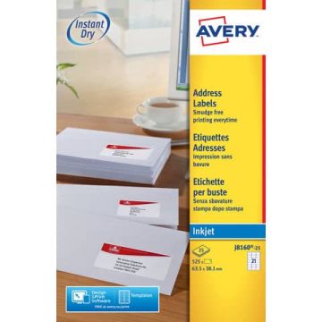 Etichette bianche per indirizzi per buste AVERY 63,5 x 38,1 mm 25 fogli - J8160-25