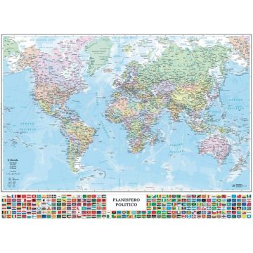 CARTA GEOGRAFICA MURALE PLANISFERO C/BANDIERE 132X97CM BELLETTI