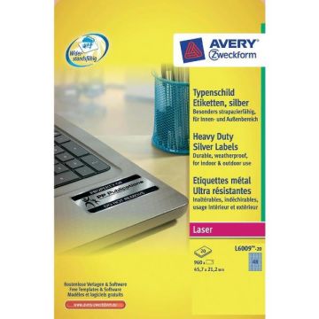 Etichette permanenti poliestere argento Avery 45,7x21,2 mm - 48 et/foglio - laser monocolore - conf. 20 ff L6009-20
