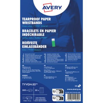 Braccialetti identificativi in Tyvek Avery resistenti all'acqua - conf. 500 pz - verde fluo - TYVGN-50