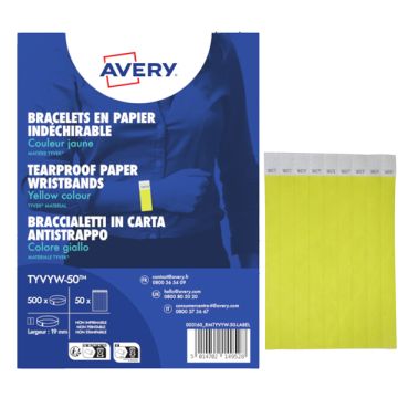 Braccialetti identificativi in Tyvek Avery resistenti all'acqua - conf. 500 pz - giallo fluo - TYVYW-50