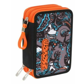 Astuccio 3 zip . 22x12.5x 7 cm. Completo di pennarelli e matite. Reptil. Seven