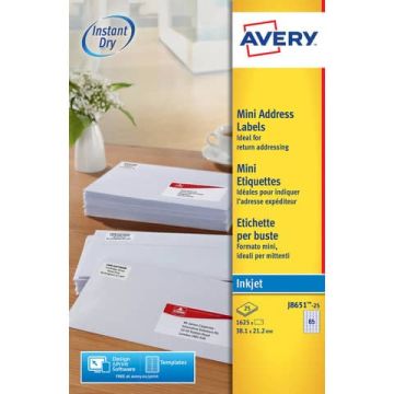 Mini etichette per indirizzi Avery 38,1x21,2 mm bianco Inkjet 65 et./foglio Conf. 25 fogli - J8651-25