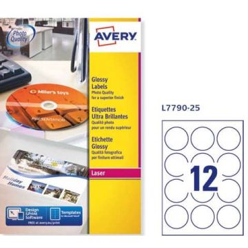Etichette permanenti Avery Ø 60 mm bianco lucido Laser 12 et./foglio Conf. 25 fogli - L7790-25