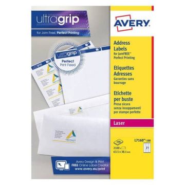 Etichette bianche per indirizzi AVERY Ultragrip™ 63,5x38,1 mm 100 fogli - L7160-100