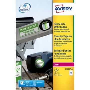 Etichette permanenti in poliestere Avery 99,1x42,3 mm bianco Laser 12 et./foglio Conf. 20 fogli - L4776-20