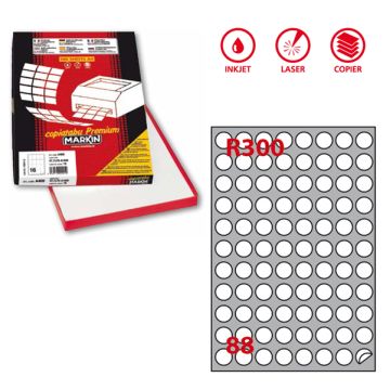 Etichetta adesiva R/300 bianca 100fg A4 tonda diam.20mm (88et/fg) Markin